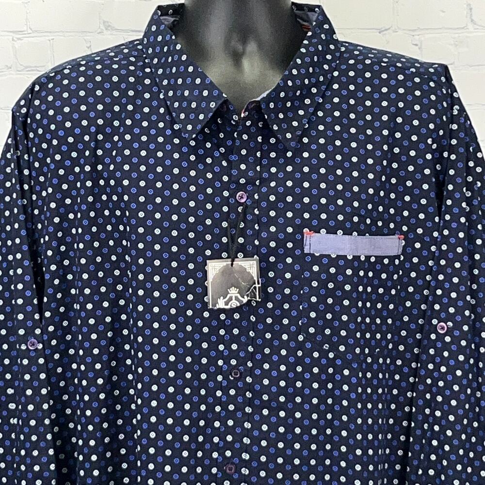 Silver Stone Shirt 3X 3XL Navy Blue Dot Pattern Button Front Roll Tab Sleeves